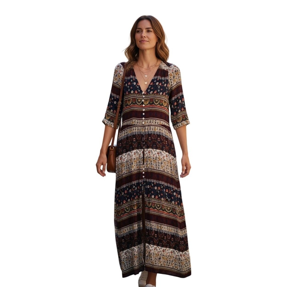 Boho Patchwork Maxi Dress Floral Print Button Front V Neck 3/4 Sleeve